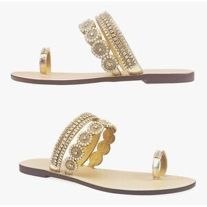 NWB Womens Sz 11 Gold Rhinestone Flat Sandals Flip Flops Toe Loop Beach Wedding